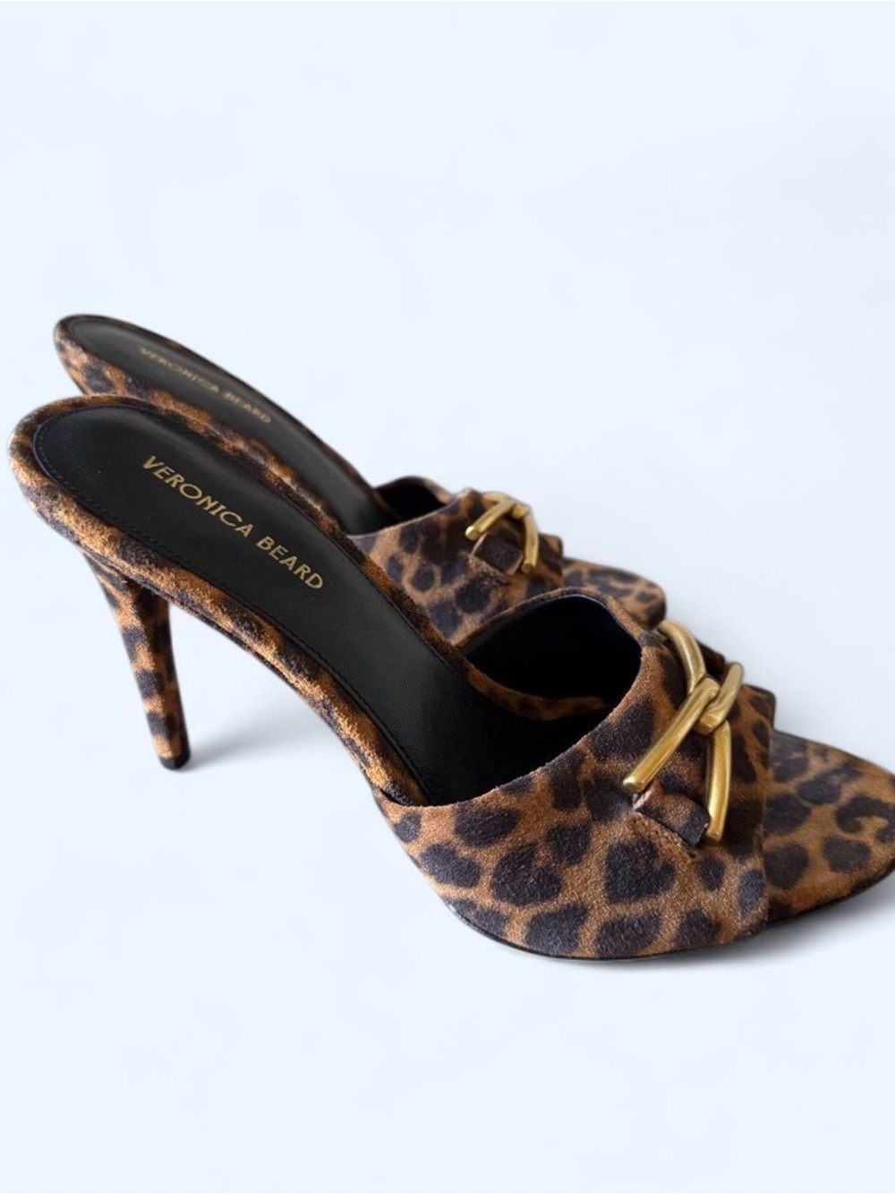 Veronica Beard Leopard-Print Suede Mule Heels with Gold Buckle - Picture 5 of 6